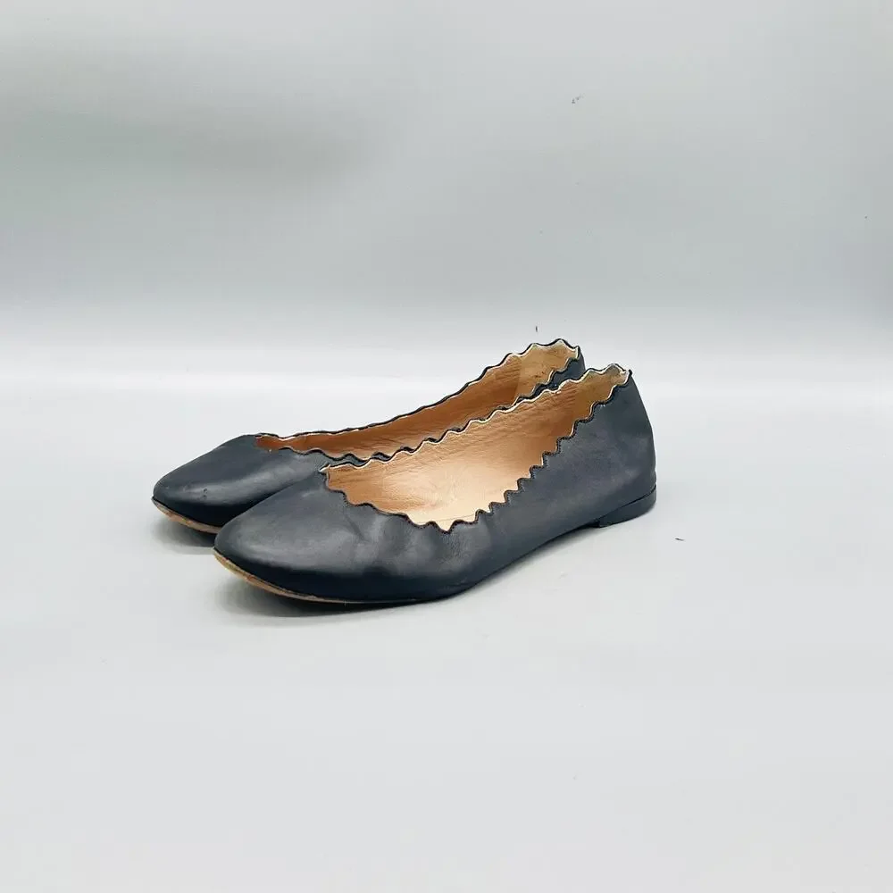 Chloe Shoes Womens 7 Black Leather Lauren Ballet Flats Scalloped Slip On Comfort